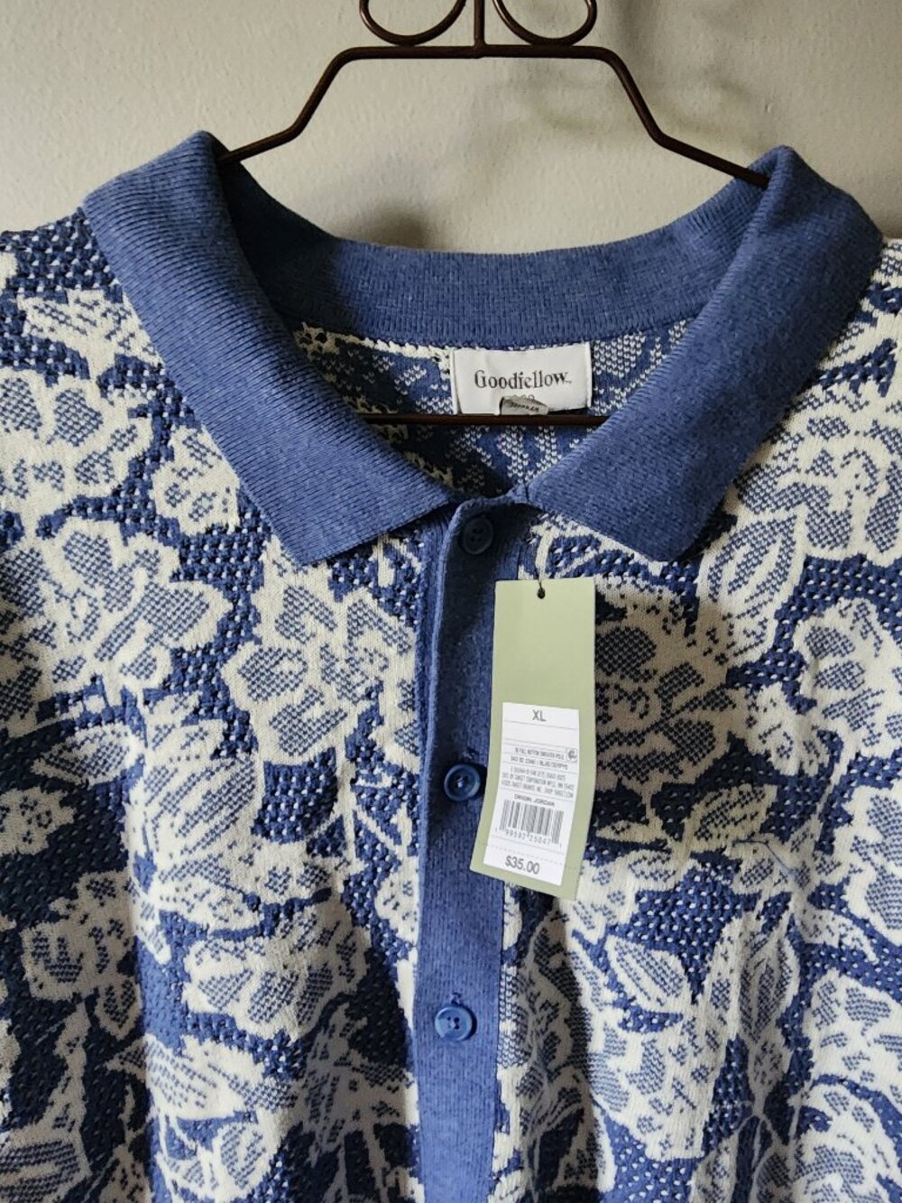 NWT Goodfellow Floral Full Button Sweater Polo Blue Men's XL